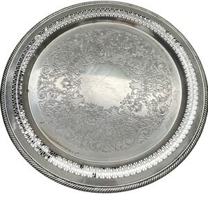William Rogers VTG Silver Plated Serving Tray Ornate Floral Design Round‎ Butler